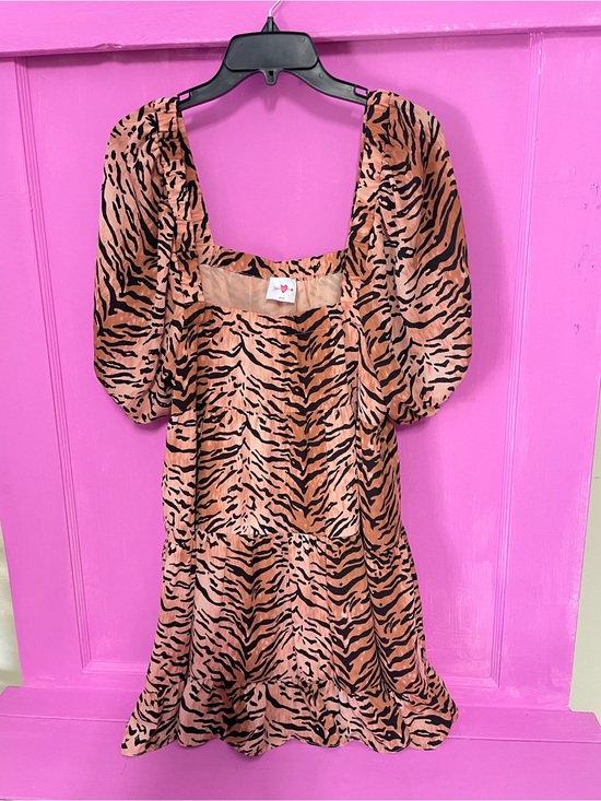 Buddy Love Dresses & Skirts - Buddy Love Tiger-Print Puff Sleeve Mini Dress - Pink & Brown